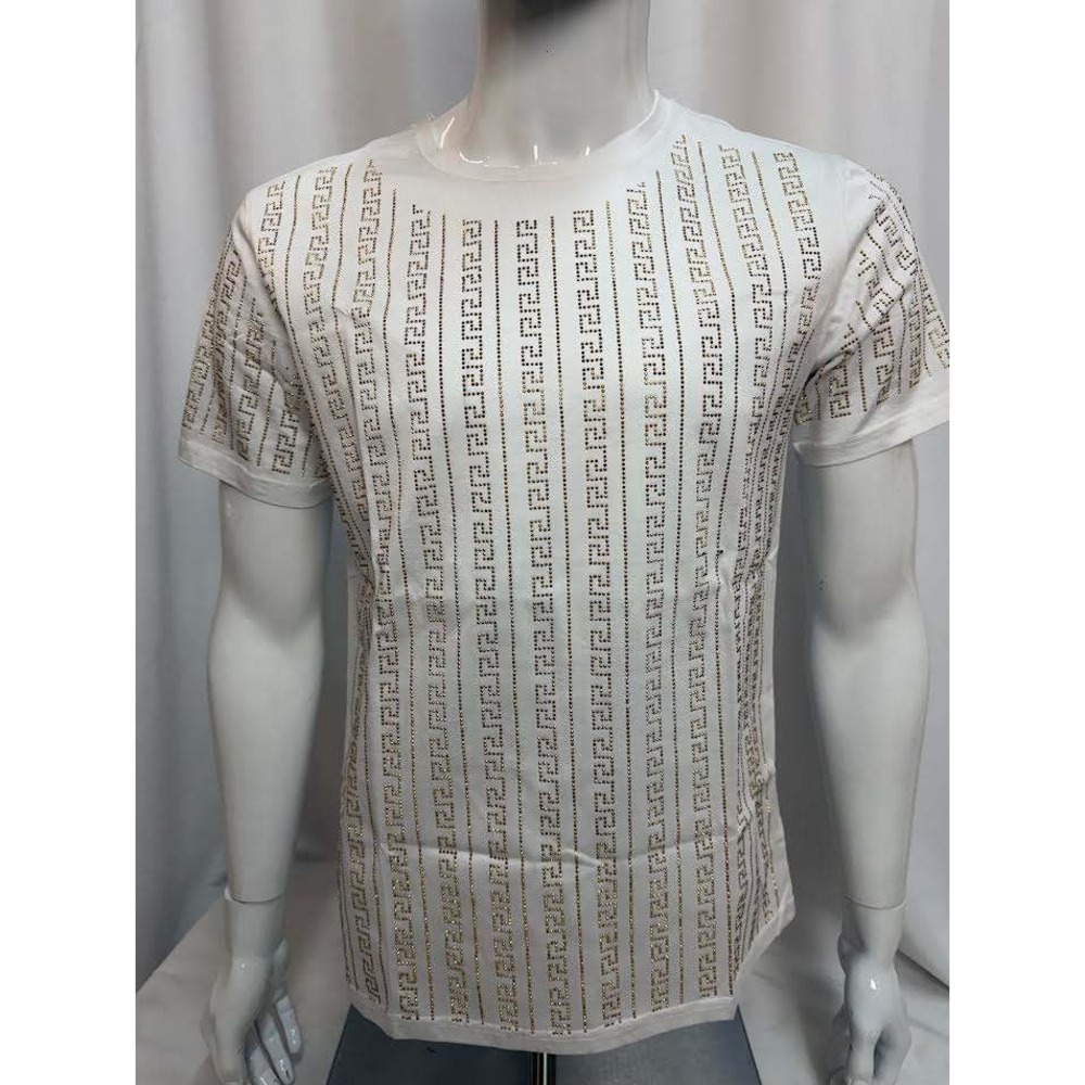 Barabas Mens White Gold Rhinestone Greek Key T-Shirt ST937 Crew Neck Medium NWT